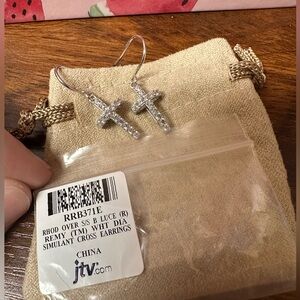 JTV Silver Rhinestone Cross Dangle Earrings